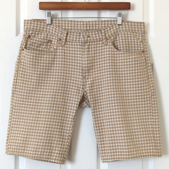 Levi's 504 Classic Checkered Plaid Regular Fit Jean Shorts Tan Brown White 38 - Picture 1 of 12